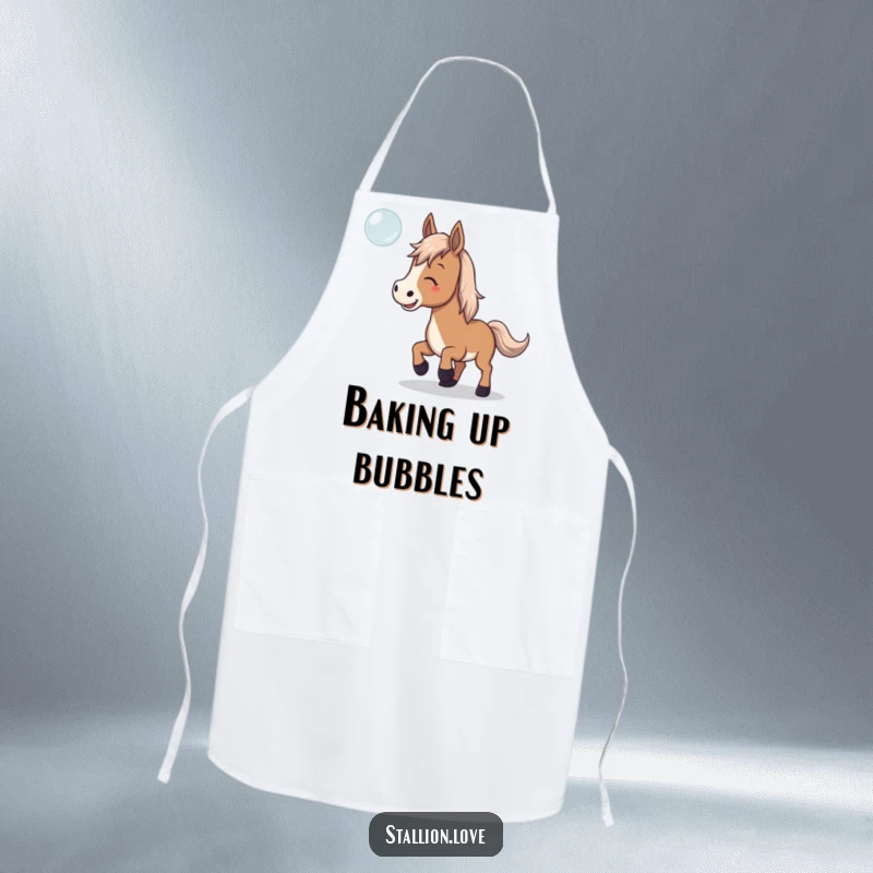 Funny Apron showing a horse playfully trying to catch a floating bubble, ready for kitchen magic.