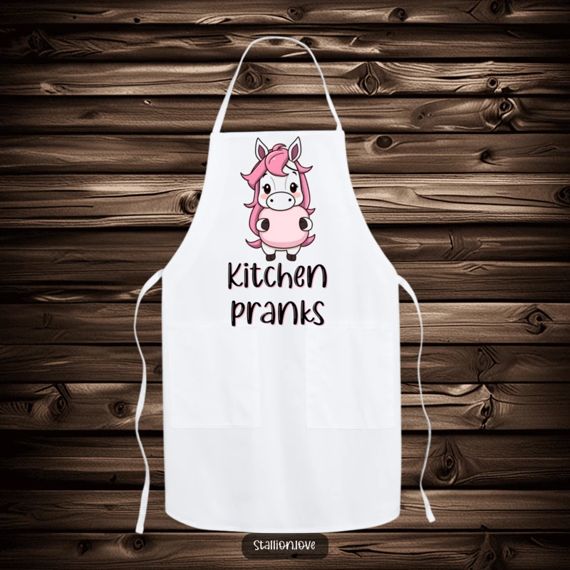 Funny horse character apron with a cheeky grin, holding a whoopee cushion, adding prankster humor to cooking, a practical funny gift.