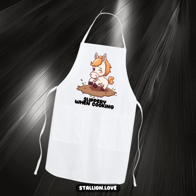 Funny apron showing a horse comically slipping on mud while cooking, perfect for a humorous kitchen experience.