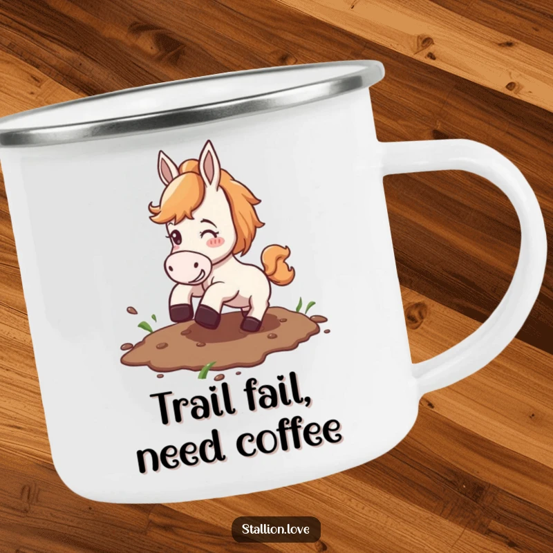 Funny camping mug featuring a horse comically slipping on mud, ideal for enjoying drinks during outdoor adventures.