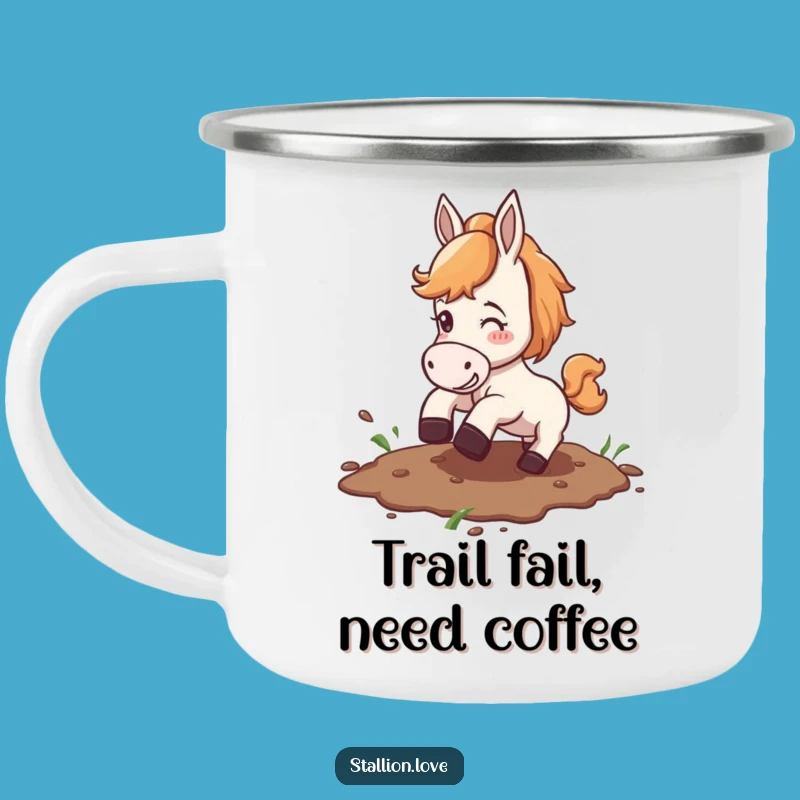 Funny Horse Slipping Mud Camping Mug: Outdoor Laughs & Warm Drinks
