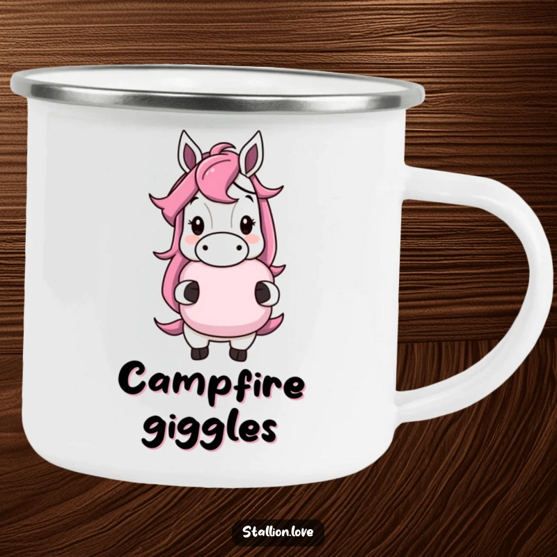 Funny horse character camping mug with a cheeky grin, holding a whoopee cushion, ready for outdoor fun, a sturdy funny gift.