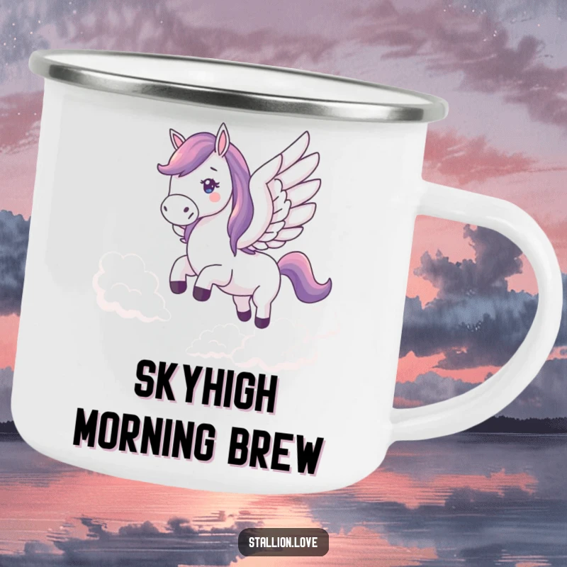 Funny camping mug featuring a horse with wings soaring through clouds, perfect for enjoying beverages during outdoor escapades.