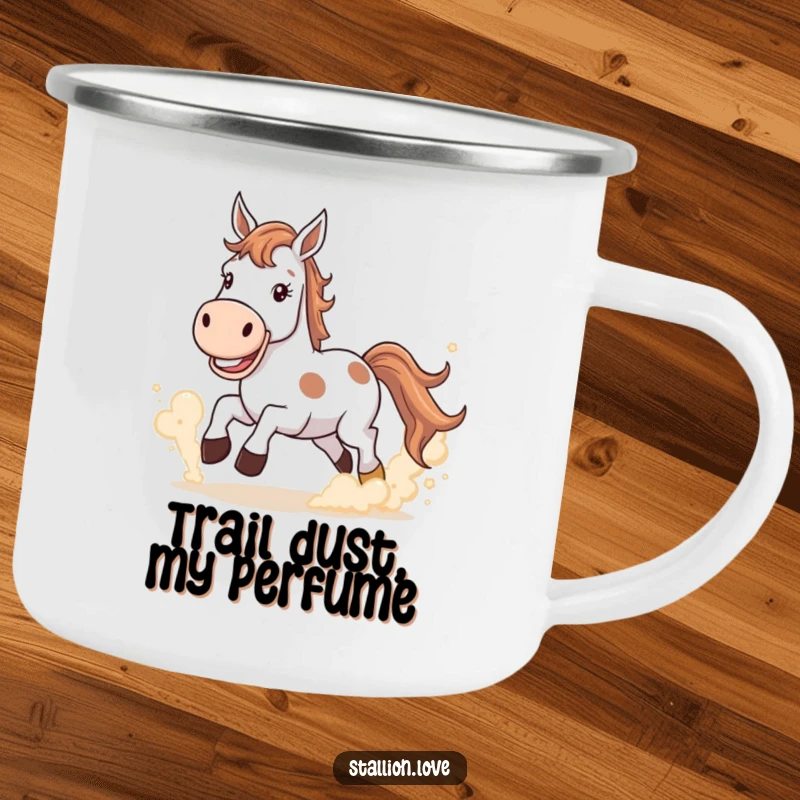 Funny Camping Mug featuring a horse with a wide grin kicking up dust clouds, ideal for rugged outdoor enjoyment.