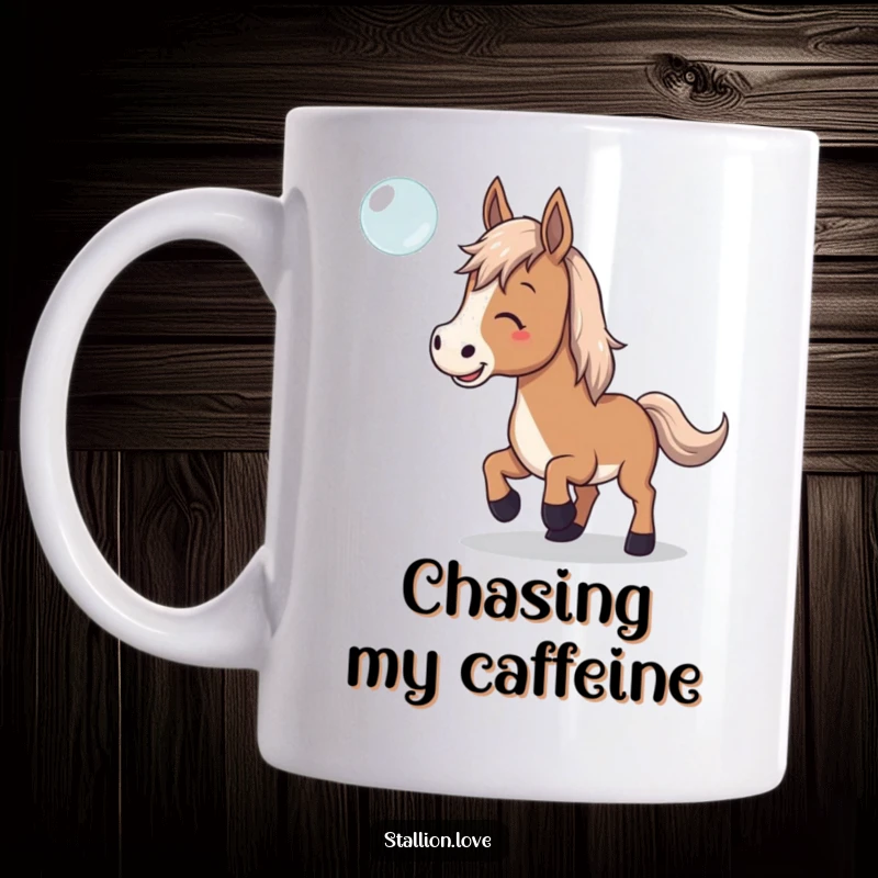 Funny Mug featuring a horse playfully trying to catch a floating bubble, looking curious and delighted.