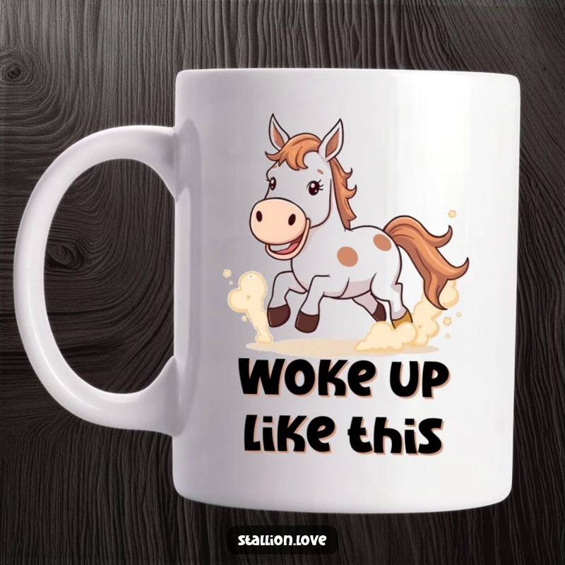 Funny Mug showing a horse with a wide, mischievous grin kicking up a cloud of dust with excitement.