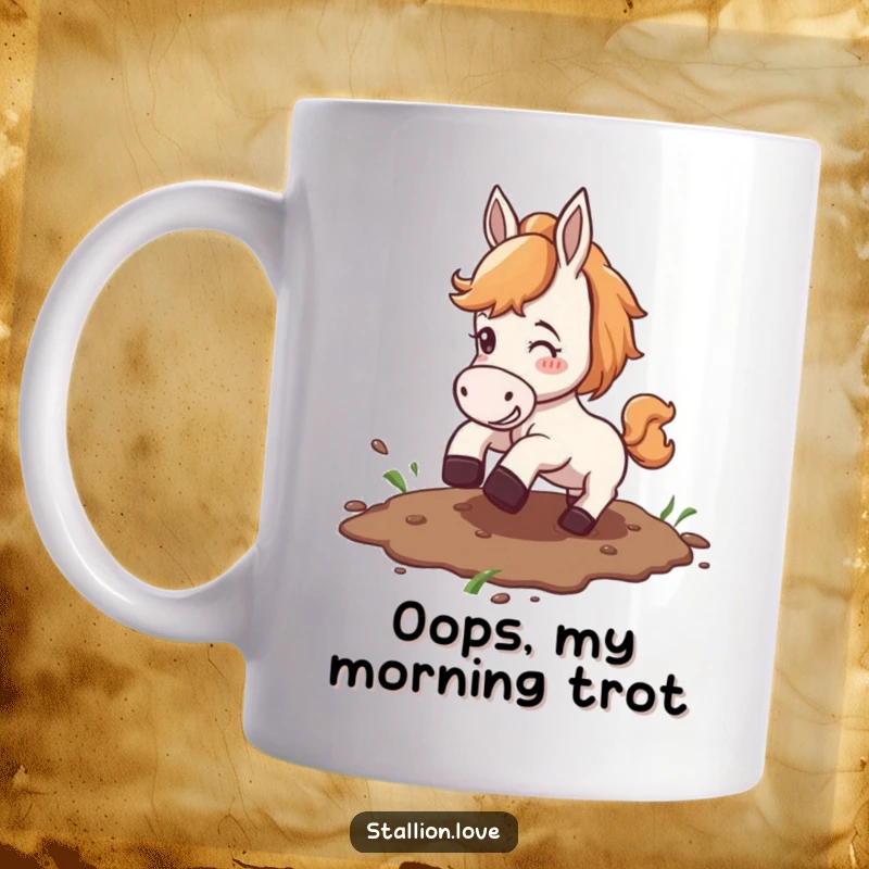 Funny mug featuring a horse comically slipping on a muddy patch, capturing a moment of hilarious equestrian clumsiness.