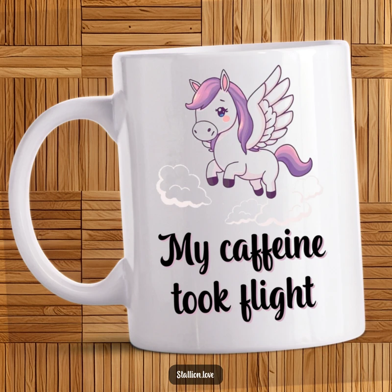 Funny mug featuring a horse with majestic wings flapping, soaring gracefully through fluffy clouds, evoking wonder and joy.