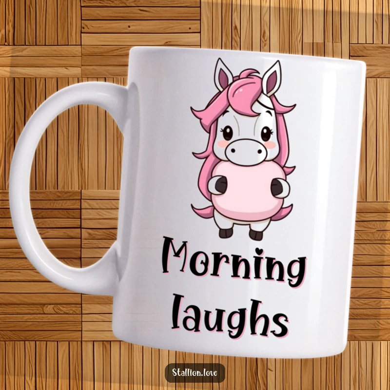Funny horse character mug with a cheeky grin, holding a whoopee cushion, embodying playful mischief, a perfect funny gift.