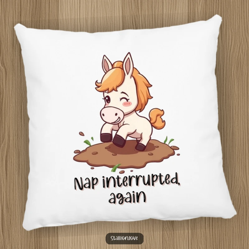 Funny pillow featuring a horse hilariously slipping on a mud patch, offering comfort and a good laugh.