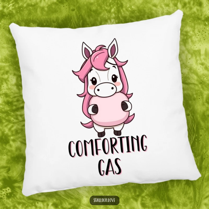 Funny horse character pillow with a cheeky grin, holding a whoopee cushion, for cozy prankster fun, a plush funny gift.