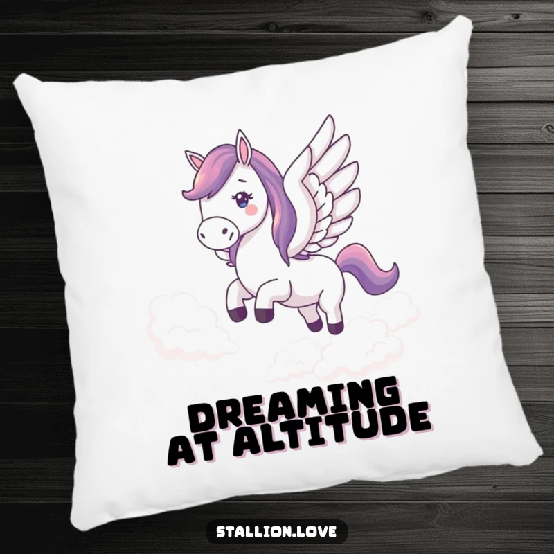 Funny pillow featuring a horse with wings flying through clouds, offering cozy comfort and whimsical, lighthearted charm.