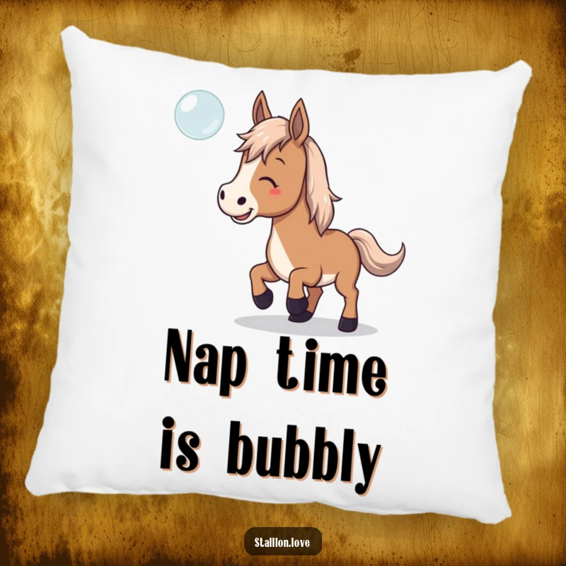 Funny Pillow featuring a horse playfully trying to catch a floating bubble, perfect for adding comfort and smiles.