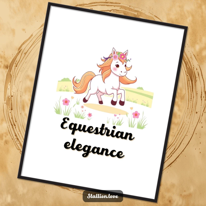 Funny Digital Art Print of a horse wearing a flower crown, joyfully galloping through a vibrant field, inspiring happiness.