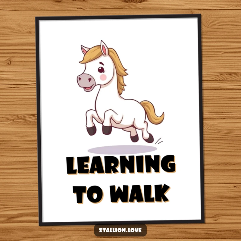 Funny horse character digital art print, comically stumbling while trotting, capturing equestrian humor, ready for download.