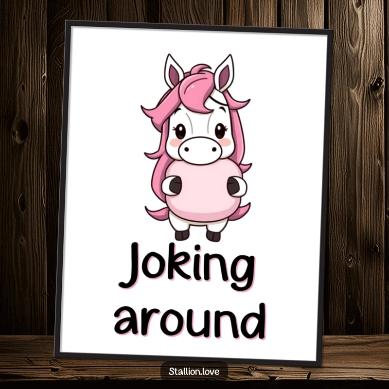 Funny horse character digital art print with a cheeky grin, holding a whoopee cushion, embodying playful humor, ready for download.