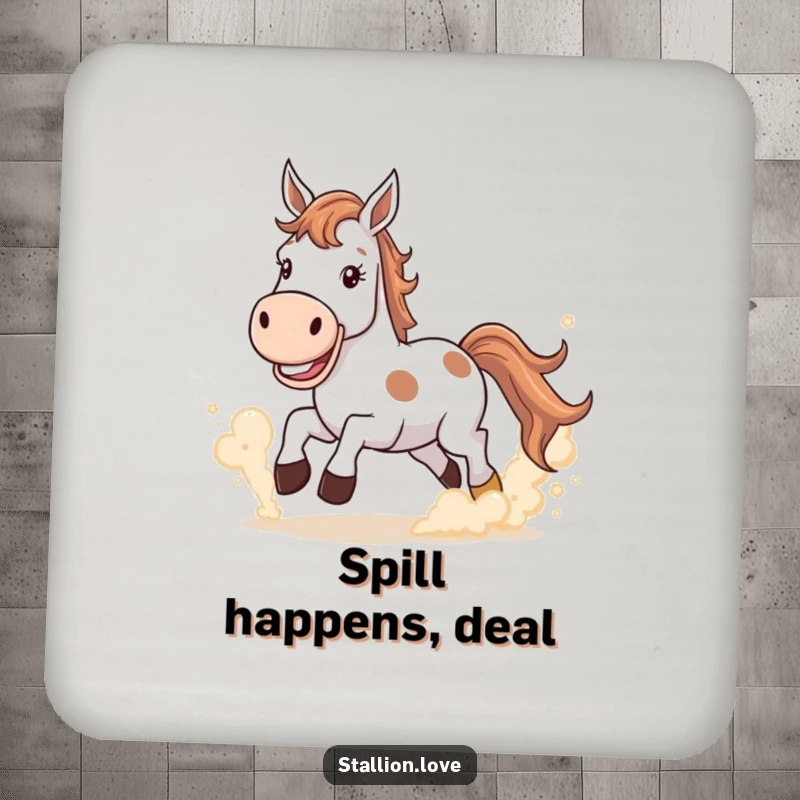 Funny Coaster set depicting a horse with a wide grin kicking up dust clouds, adding a bold touch.