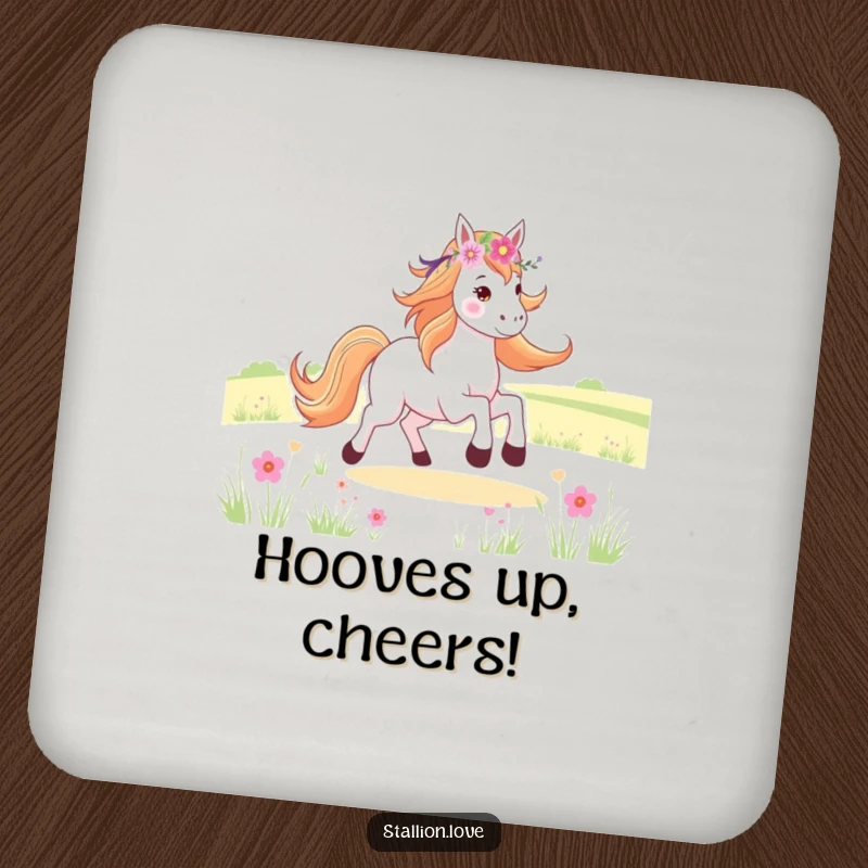 Funny Coaster set depicting a horse with a flower crown joyfully galloping through a field, adding a playful touch.