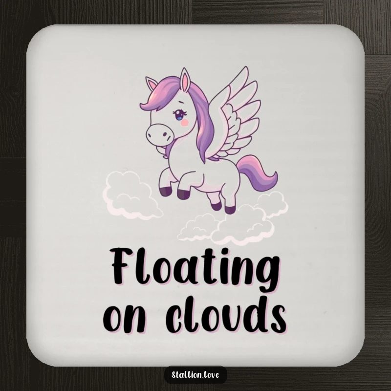 Funny drink coaster with a horse and wings soaring through clouds, protecting tables with a touch of magical humor.