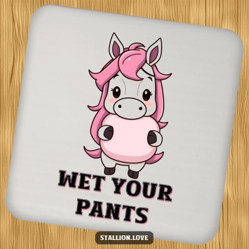 Funny horse character drink coaster with a cheeky grin, holding a whoopee cushion, bringing prankster humor to tables, a unique funny gift.