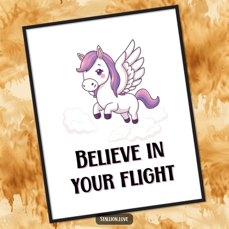Funny wall art poster of a horse with large wings soaring through clouds, adding a touch of mythical humor to decor.