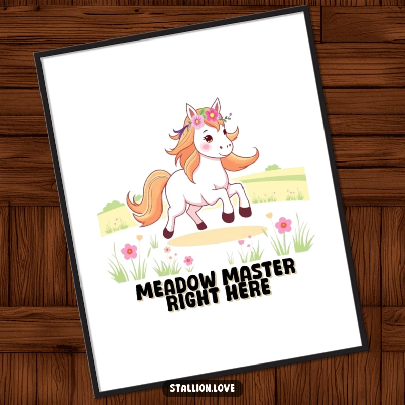 Funny Poster showcasing a horse adorned with a flower crown, joyfully galloping through a wide, open field, full of life.