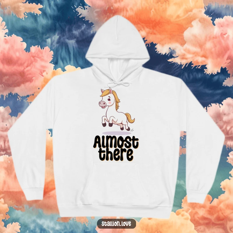 Funny horse character hoodie, comically stumbling while trotting, making this cozy and hilarious, a perfect funny gift.