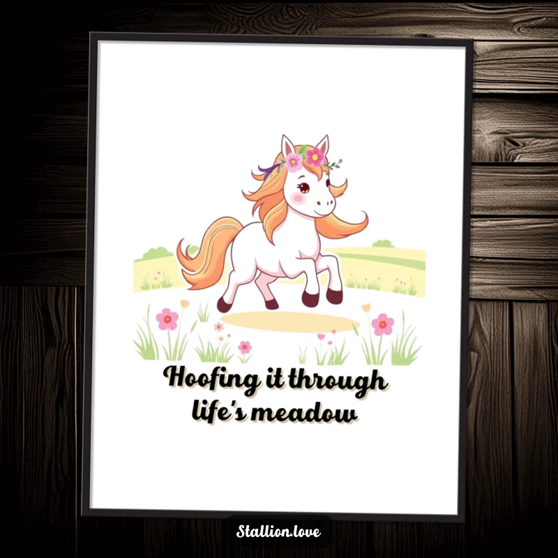 Funny Free Printable Wall Art: Horse with flower crown joyfully galloping through a vibrant field.