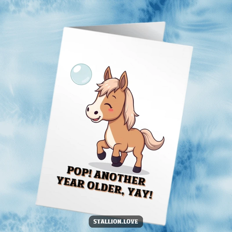 Funny Free Printable Birthday Card: Horse playfully trying to catch a floating bubble, celebrating joyfully.