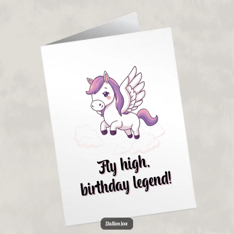 Funny Free Printable Horse Birthday Card, horse with wings flying through clouds, magical greeting, downloadable.