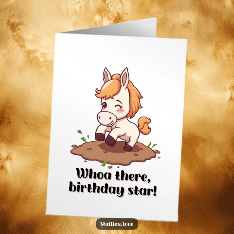 Funny Free Printable Horse Birthday Card, horse comically slipping on mud, downloadable greeting, DIY funny gift.