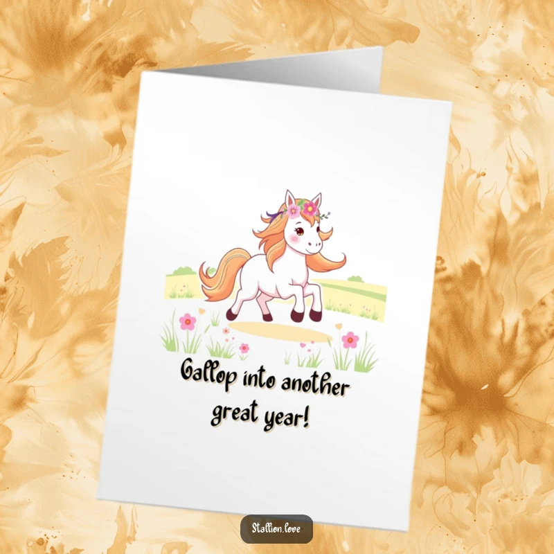 Funny Free Printable Birthday Card: Horse with Flower Crown galloping joyfully, celebrating a special day.