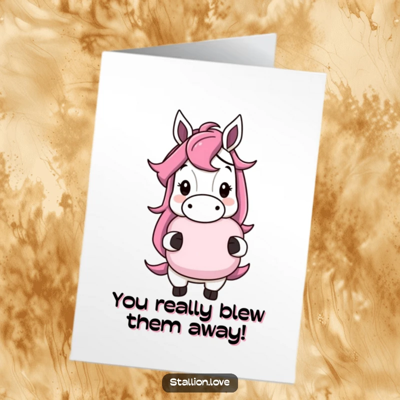 Funny Free Printable Congratulations Card: A horse character grinning cheekily while presenting a whoopee cushion.