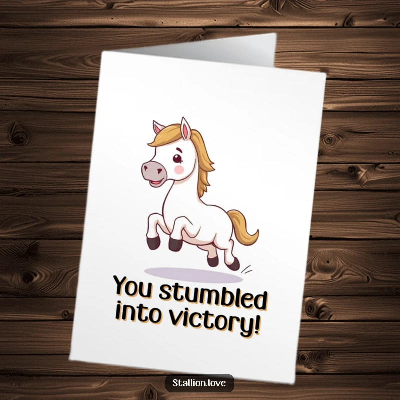 Funny Free Printable Congratulations Card: A horse character hilariously losing its footing while trotting along.