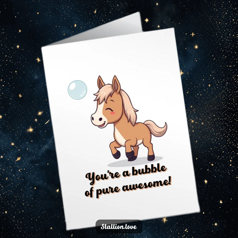 Funny Free Printable Congrats Card: Horse playfully chasing a floating bubble, celebrating achievement.
