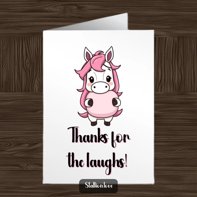 Funny Free Printable Thank You Card: A horse character with a cheeky grin, holding a whoopee cushion to say thanks.