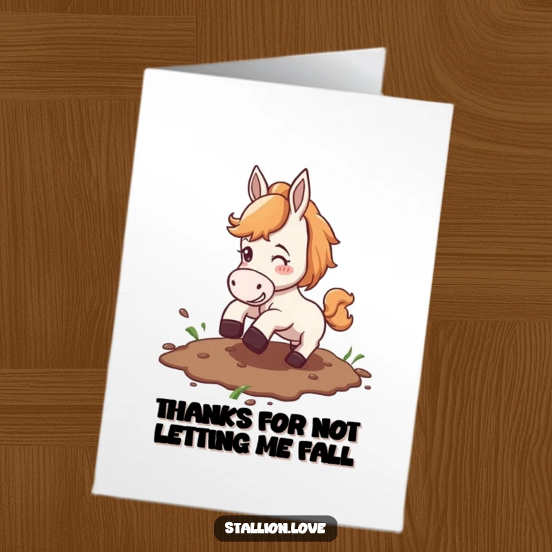 Funny Free Printable Horse Thank You Card, horse slipping in mud, humorous gratitude card, downloadable.