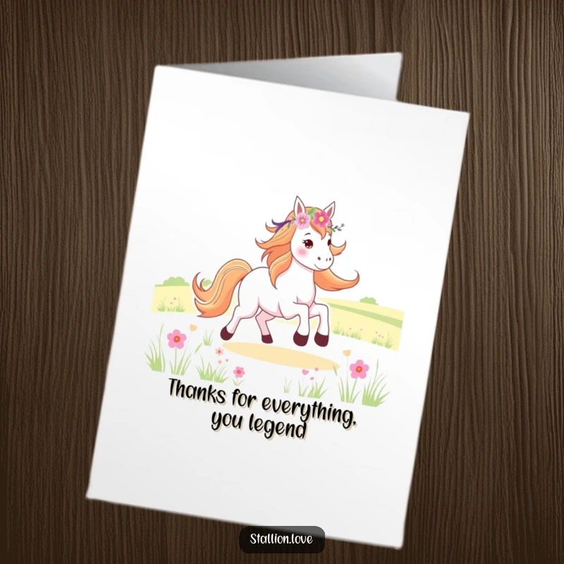 Funny Free Printable Thank You Card: Horse wearing flower crown, galloping with gratitude, heartfelt thanks.