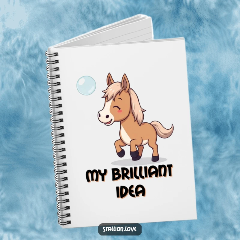 Funny Notebook with a horse playfully trying to catch a floating bubble, perfect for capturing playful thoughts.