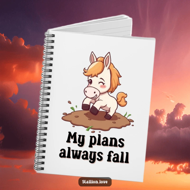 Funny notebook cover with a horse comically slipping on mud, designed for jotting down notes with a humorous touch.