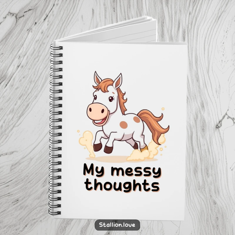 Funny Notebook with a horse with a wide grin kicking up dust clouds, perfect for capturing bold ideas.