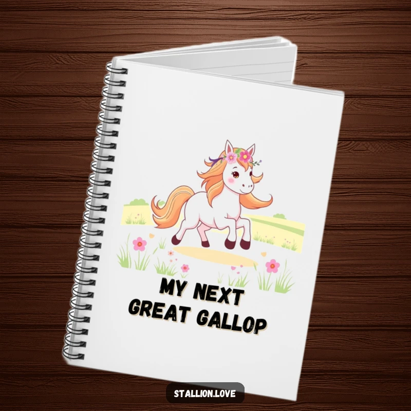 Funny Notebook with a horse wearing a flower crown, joyfully galloping through a field, perfect for jotting down inspired thoughts.