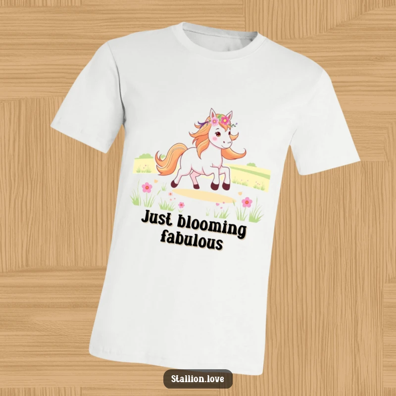Funny T-Shirt showing a horse with a flower crown joyfully galloping through a field, capturing a moment of pure freedom.