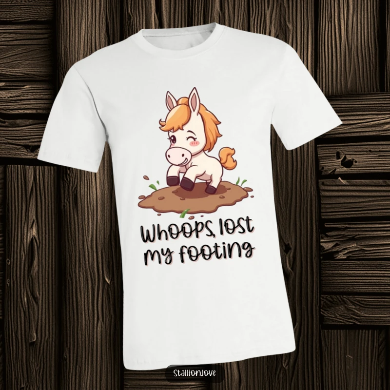 Funny t-shirt depicting a horse comically slipping on a muddy patch, showcasing an equestrian's hilarious and unexpected tumble.