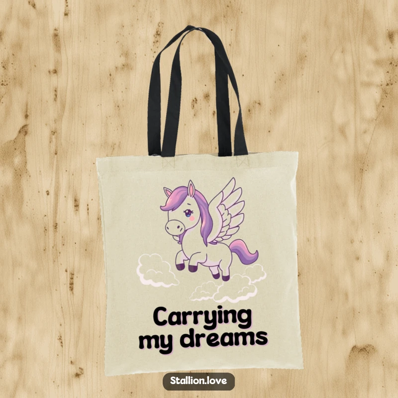 Funny tote bag depicting a horse with wings joyfully soaring through the clouds, ready to carry your belongings with flair.