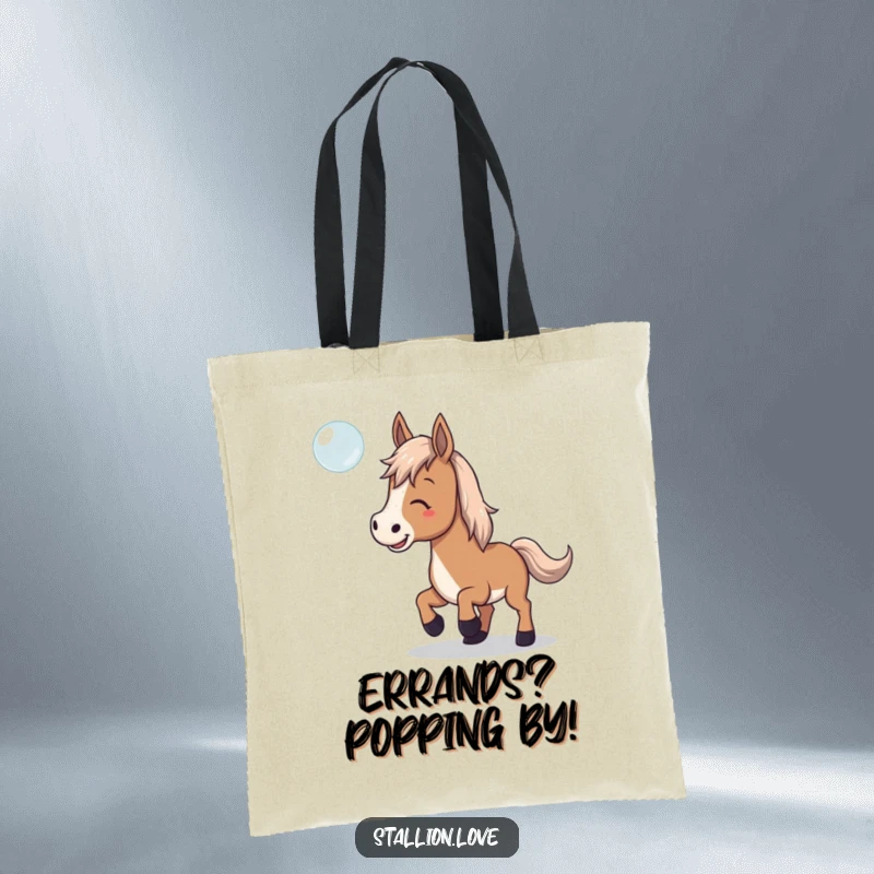 Funny Tote Bag featuring a horse playfully trying to catch a floating bubble, ideal for carrying essentials with cheer.