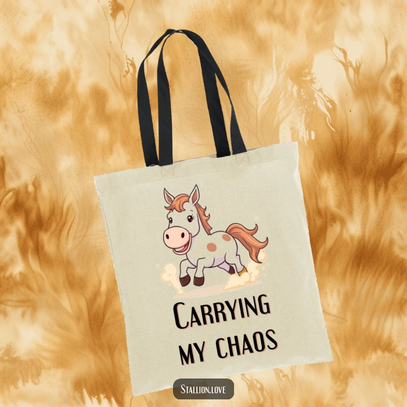 Funny Tote Bag featuring a horse with a wide grin kicking up dust clouds, perfect for carrying essentials with attitude.